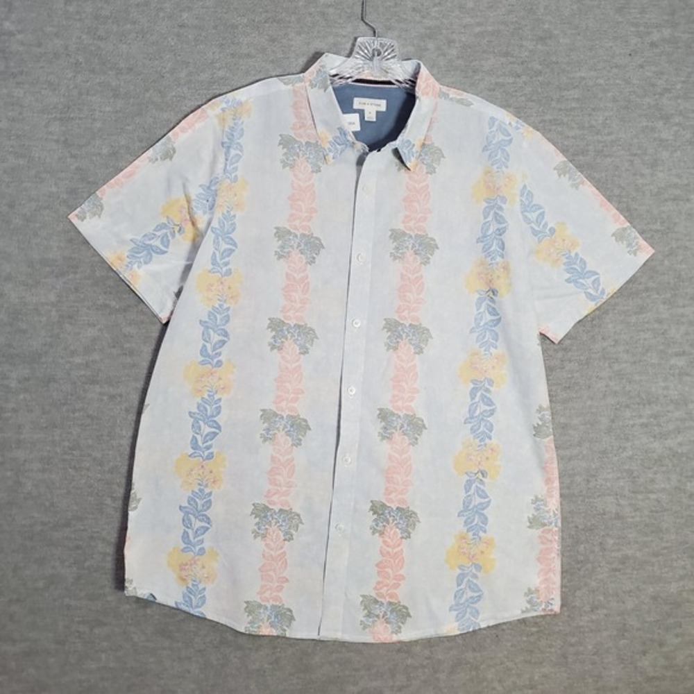 Sun + Stone Men‎ Button Up Shirt XL Blue Floral Striped 10 Flower Short Sleeve